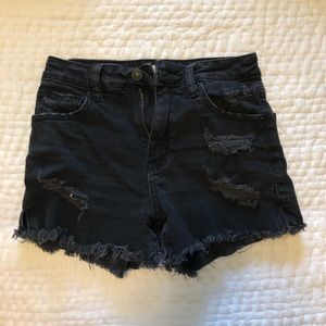 high waisted black distressed jean shorts